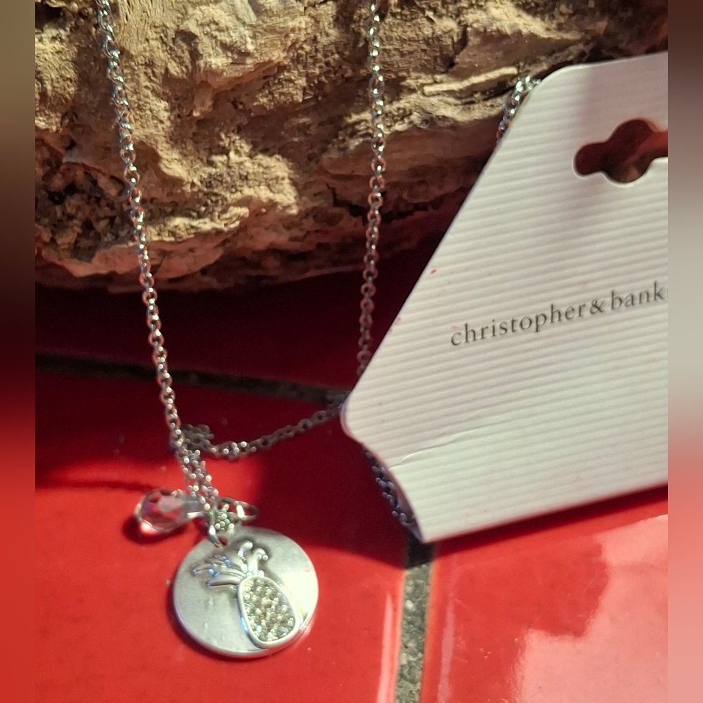 Christopher & Banks Silver Tone Pineapple Pendant Necklace 22" Chain NWT